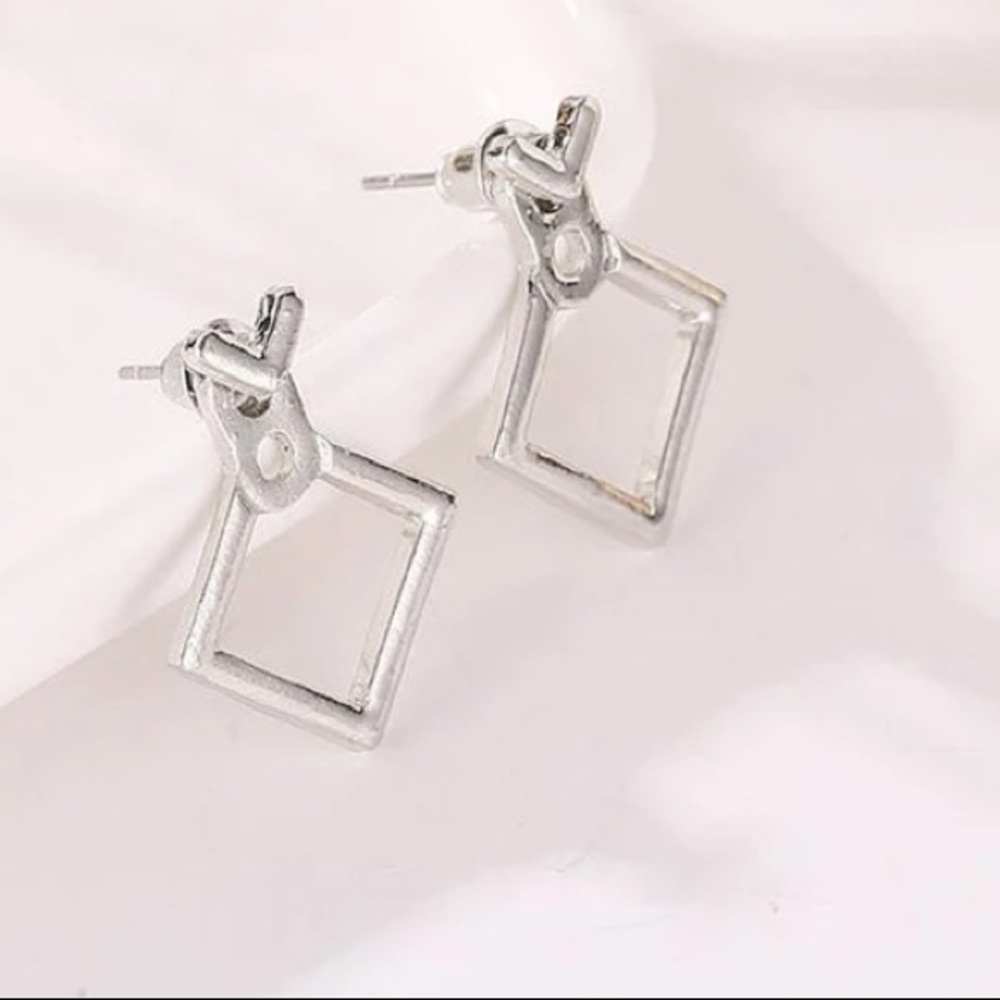 [SILVER]Modern Minimal Geometric Square Versatile Stud Earrings EarJacket - Picture 12 of 15